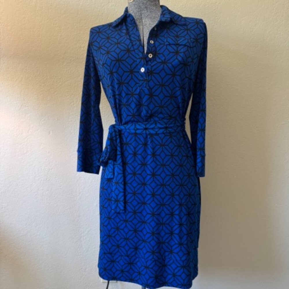 Donna Morgan Blue Shift Dress 3/4 sleeve with Tie Waist Size 2